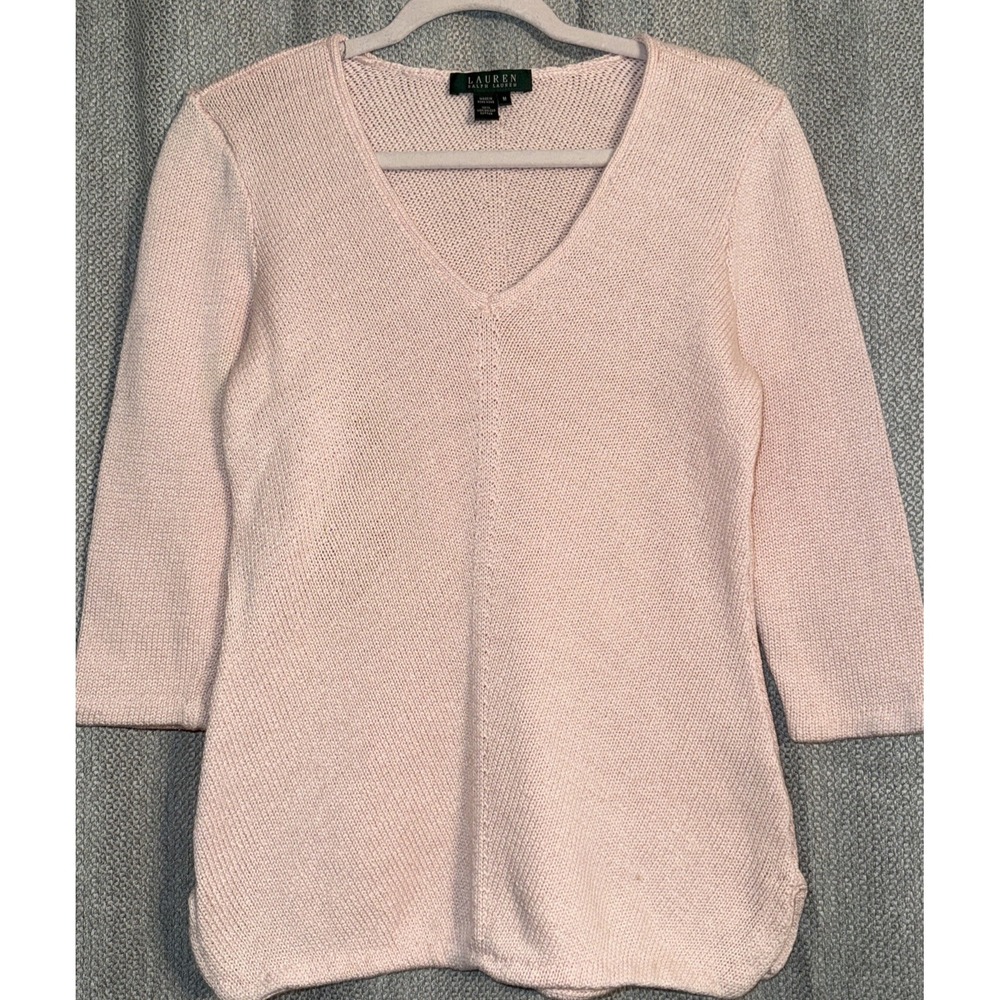 Lauren Ralph Lauren V Neck Pullover Sweater Women's Size Medium Pale Pink Cotton